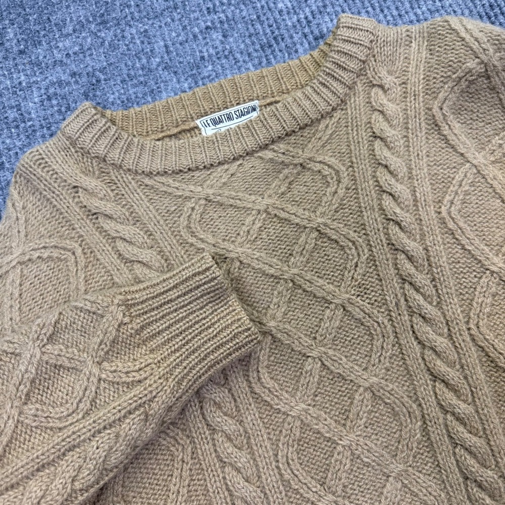 Mens Pure Wool Cable Knit Crewneck Sweater Tan Large Le Quattro Stagioni